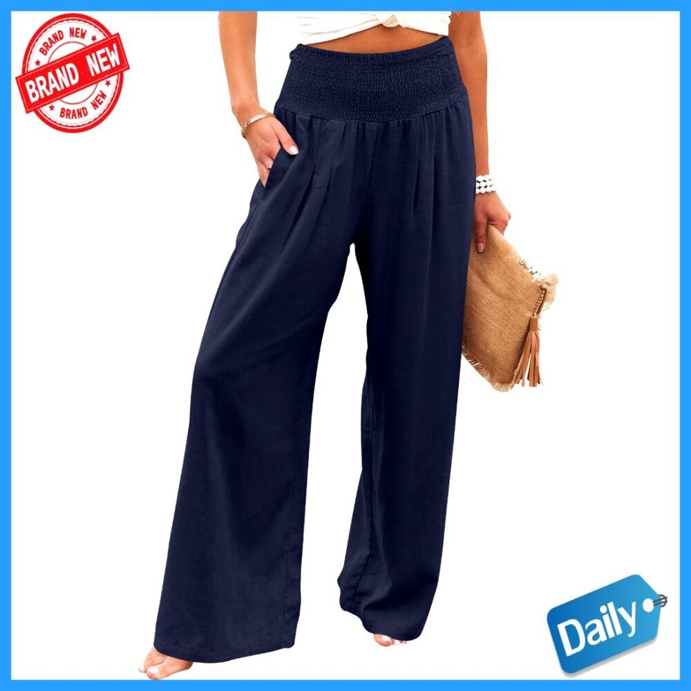 Linen Palazzo Pants Wide Leg High Waist Casual Lounge Pants - Picture 1 of 7